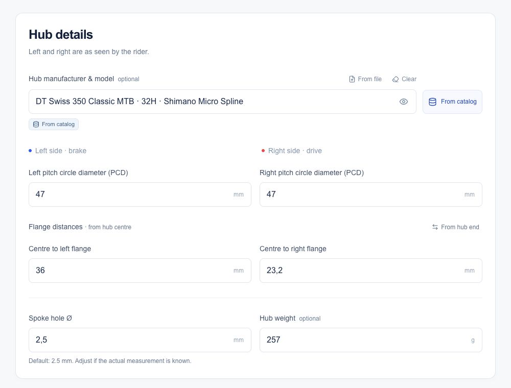 Actual hub details view in the Spokepilot spoke calculator.